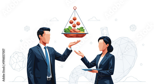 A man and woman in business suits hold a balanced meal on a hanging scale, symbolizing a healthy diet and proper nutrition.
