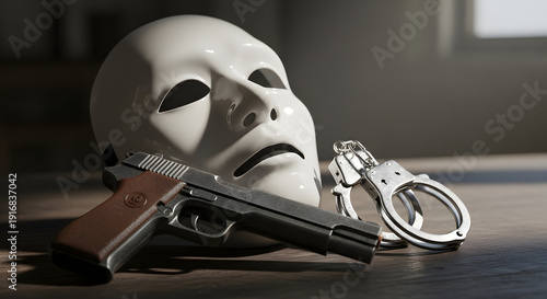 Criminal mask with handcuffs and a handgun on a wooden table, dark crime and justice concept with dramatic lighting, security and law enforcement illustration generated-AI