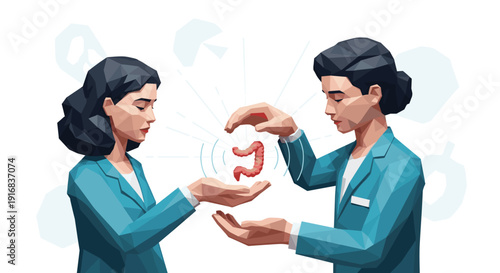 Gastroenterologist provides expert consultation on gut health, showing a low-poly illustration of the colon to a female patient.