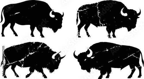 Set of four buffalo silhouettes in distressed vintage with horns and fur details