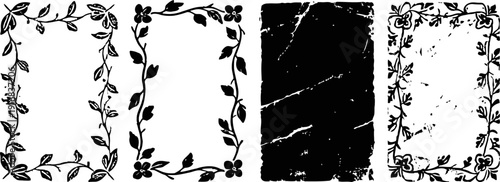 set of four vintage botanical frames with leaves and floral elements in black and white