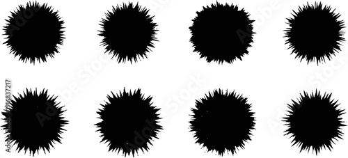 Silhouette spiky shapes set abstract black circle sunbursts isolated on white background