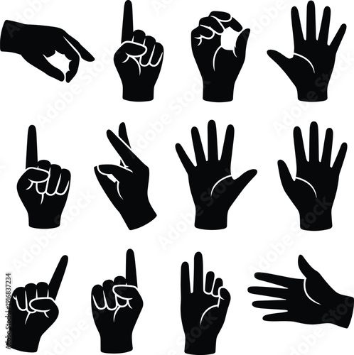 Black silhouette American Sign Language hand gesture icons set, ASL alphabet communication vector illustration for deaf community education design