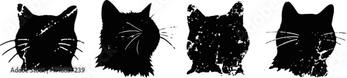 four black cat head silhouettes with visible whiskers and ear shapes on white background