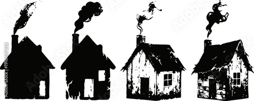 burning houses silhouette set with smoke rising, fire and destruction concept illustration