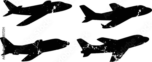 Set of black airplane silhouettes with distressed texture for design and travel themes