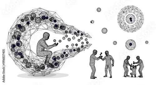 Collection of wireframe illustrations shows people interacting with spheres, representing data, communication, and social networks.