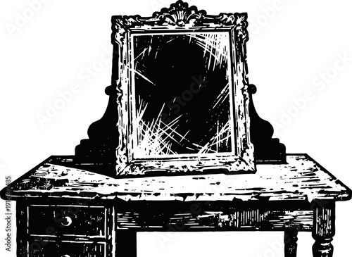 Vintage wooden vanity table with ornate framed mirror and drawers, classic antique furniture illustration
