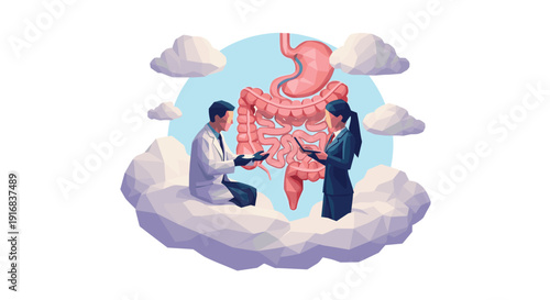 Doctor and a businesswoman sit on clouds and analyze a large low-poly model of the digestive system for a health consultation.