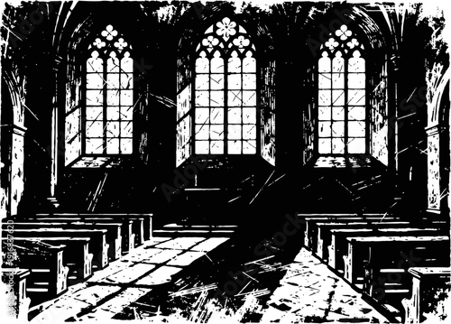 Sunlight streaming through three tall gothic windows in an empty church interior with wooden pews