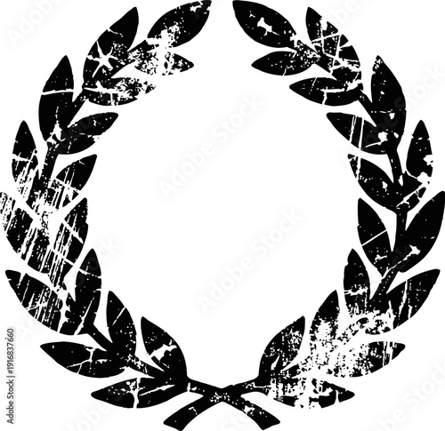 Vintage distressed laurel wreath emblem with black grunge texture on white background