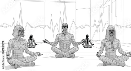 Group of business people in a low-poly wireframe style practice mindfulness and meditation together in a futuristic environment, promoting mental wellness and stress relief at work.