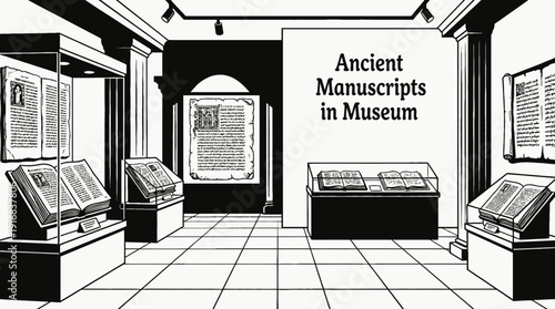 ancient manuscripts displayed inside a museum environment black and white vector scene featuring, representing history culture preservation and academic research