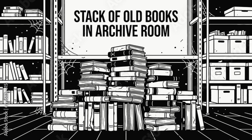 black and white vector illustration of stacked old books in an archive storage room, representing preservation knowledge history documentation and research material