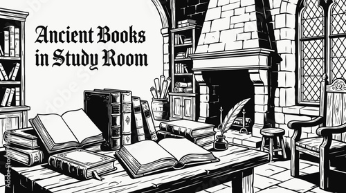 black and white vector scene showing antique books in an academic library study area, symbolizing education research knowledge and intellectual environment