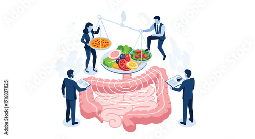 People balance healthy salad against junk food on scales above an intestine, illustrating the importance of dietary choices for gut health and wellness.