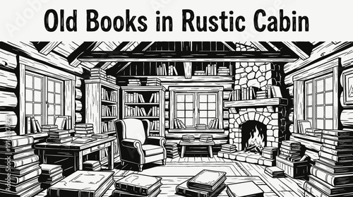 old books placed inside a rustic cabin interior black and white vector composition showing, representing quiet reading lifestyle and classic knowledge atmosphere