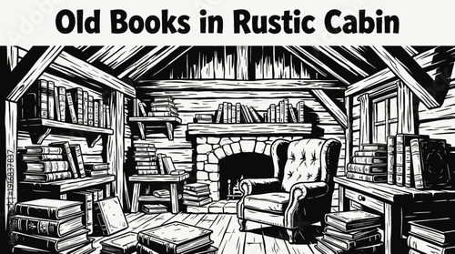 black and white vector composition showing old books placed inside a rustic cabin interior, representing quiet reading lifestyle and classic knowledge atmosphere
