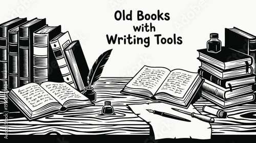 black and white vector composition featuring old books with writing tools such as pen and ink on a desk, representing creativity literature and historical writing process