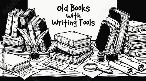 old books with writing tools such as pen and ink on a desk black and white vector composition featuring, representing creativity literature and historical writing process