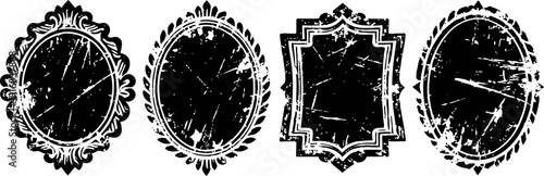 Four decorative vintage distressed frames with ornate edges in black and white
