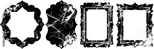 Set of four black scratched vintage frames with distressed grunge texture and irregular edges