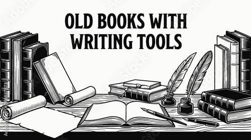 old books with writing tools such as pen and ink on a desk black and white vector composition featuring, representing creativity literature and historical writing process