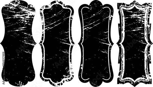 Grunge vintage labels with damaged texture distressed ornamental frames in black silhouette retro decorative elements for design