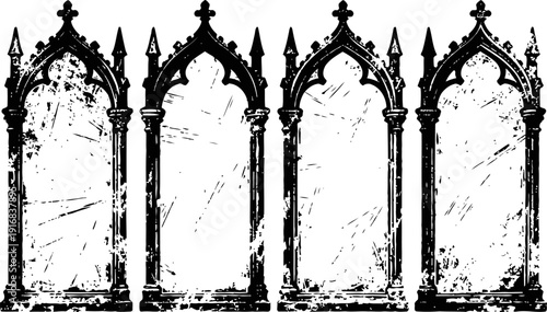 Gothic window frames set with pointed arches and distressed grunge texture design