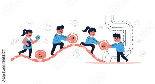 Team of miniature doctors and scientists work together to transport beneficial probiotic cells along a path into the intestines.