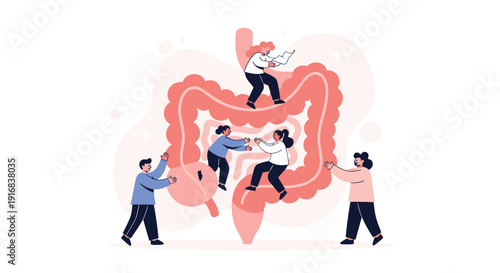 Group of tiny people work collaboratively to clean, support, and maintain a large intestine for optimal gut health.