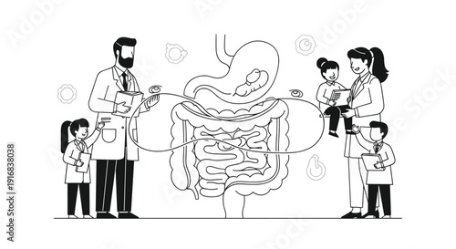 A team of doctors and a family study a large anatomical line drawing of the digestive system for medical and educational purposes in a clinic setting.
