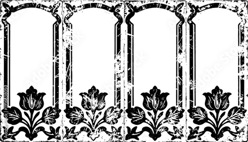 Vintage floral rectangular frame border with distressed texture and tulip flower design