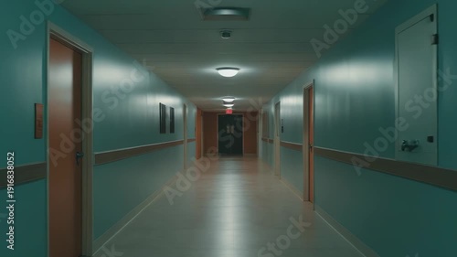 Empty long hospital hallway with teal painted walls and orange doors creating a liminal, eerie atmosphere and presenting a vanishing point into the distance