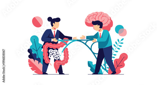 Business professionals shake hands on a bridge connecting the human brain and intestines, symbolizing the gut-brain axis.