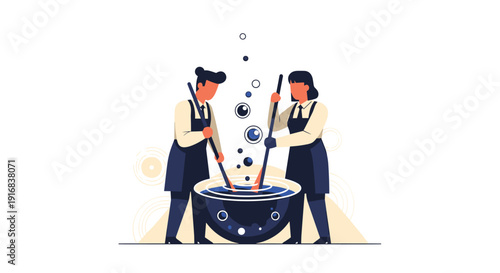 Man and woman in professional aprons work together stirring a large cauldron filled with a bubbling liquid concoction.