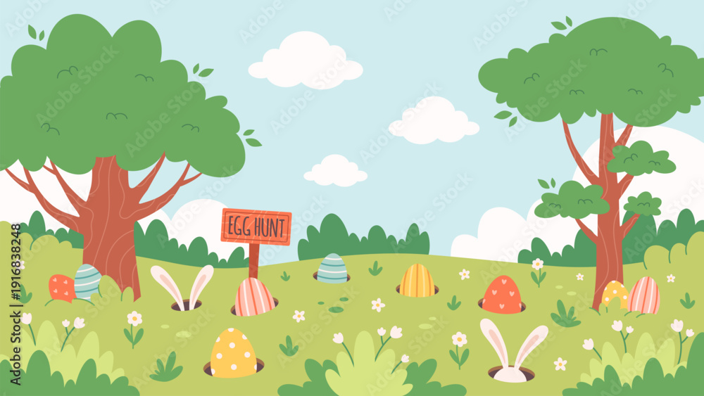 Naklejka premium Easter egg hunt poster with bunny, chick, hidden painted eggs. Easter event celebration in spring park. Holiday tradition game for children. Vector illustration in flat style