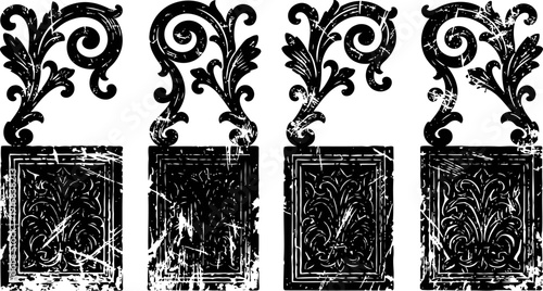 Vintage decorative floral ornaments in black with distressed square frames and swirling leaf patterns