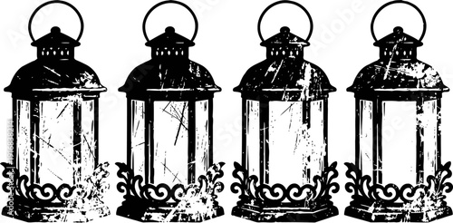 Vintage lantern silhouettes in distressed with decorative bases, rustic antique iron candle holders