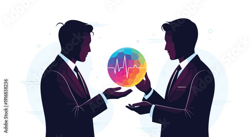 Two businessmen in silhouette exchange a vibrant, colorful sphere containing a heartbeat symbol, representing partnership.