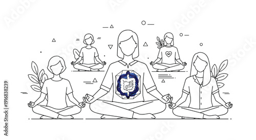 Line art illustration of several women meditating in a yoga lotus pose to promote gut health and mental balance.
