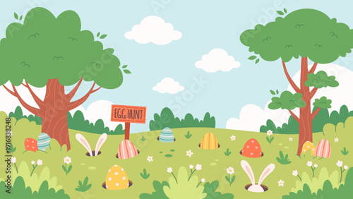 Easter egg hunt poster with bunny, chick, hidden painted eggs. Easter event celebration in spring park. Holiday tradition game for children. Vector illustration in flat style