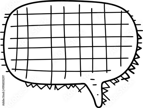 Hand drawn speech bubble with grid pattern and spiky edges, doodle balloon
