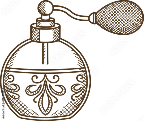 Vintage perfume atomizer bottle with decorative floral design and bulb spray pump