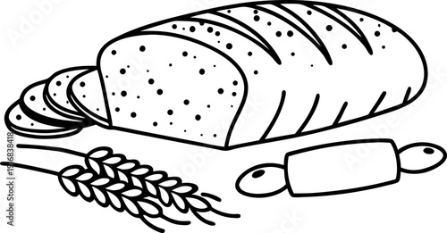 Sliced loaf of bread with rolling pin and wheat grain illustration baking and fresh homemade bakery concept