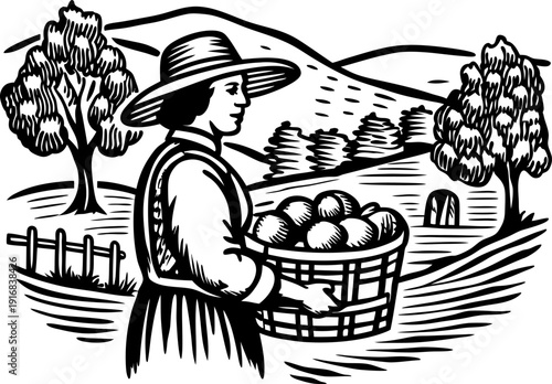 Farmer woman harvesting apples basket countryside landscape rural agriculture farming orchard