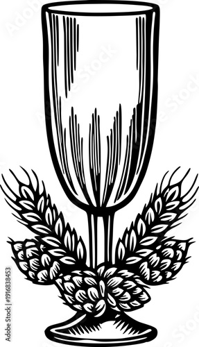 Vintage beer glass with barley ears and hop cones detailed black and white illustration