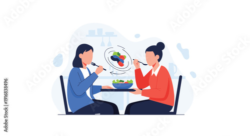Two women share a healthy salad at a table, illustrating the social aspect of nutritious eating and digestive wellness.