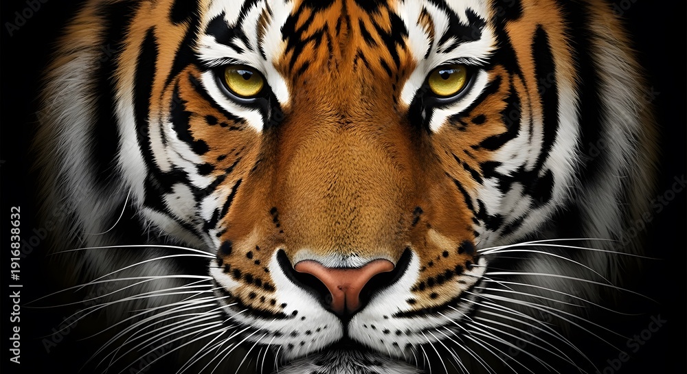 Obraz premium Majestic tiger face close up with piercing yellow eyes