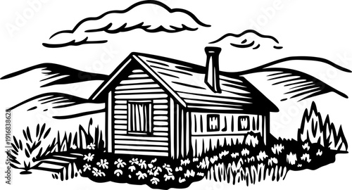 Rustic cabin in mountains with flowers and shrubs landscape illustration design